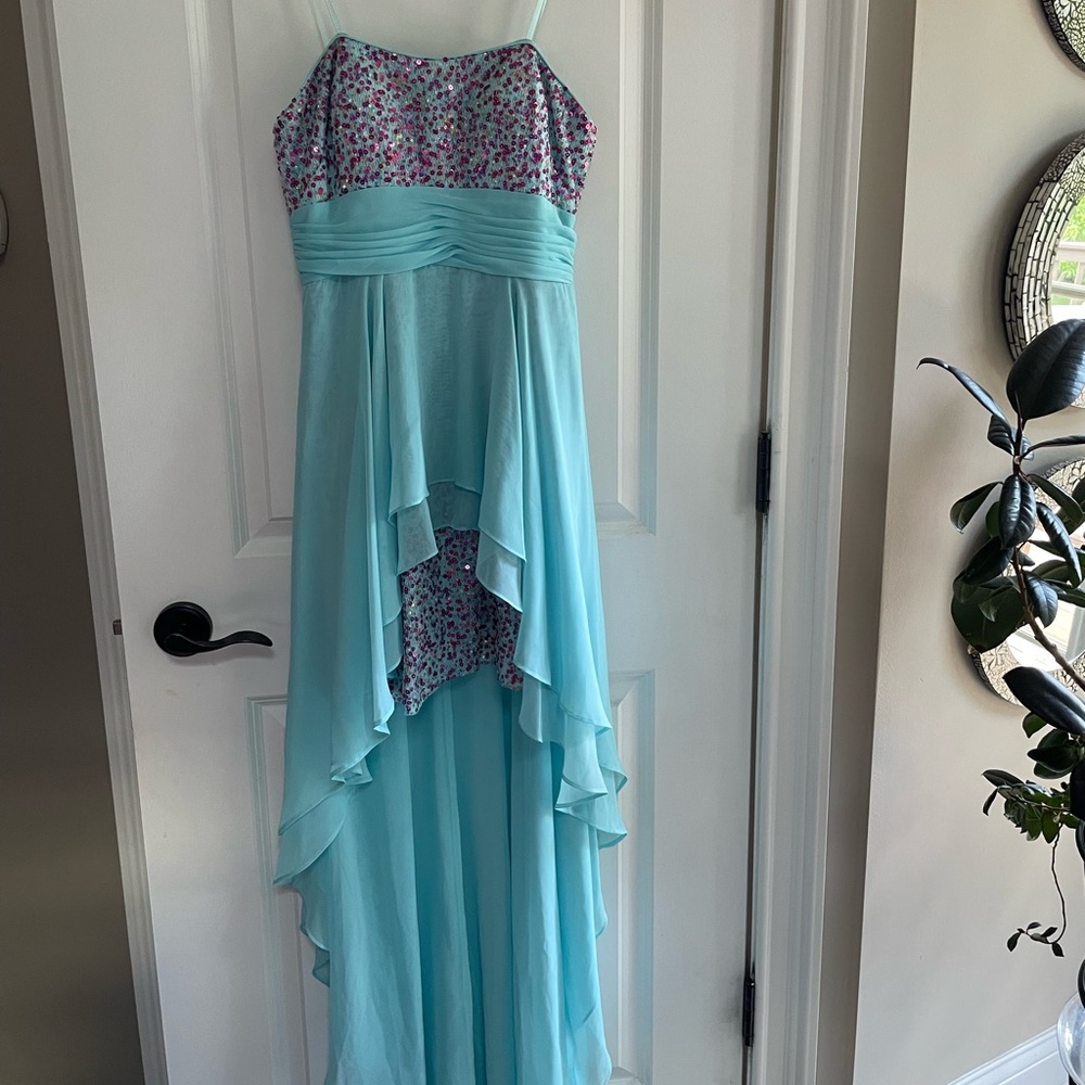 Hailey Logan Teal/Light Blue Evening Gown with Pink/Silver Sequins